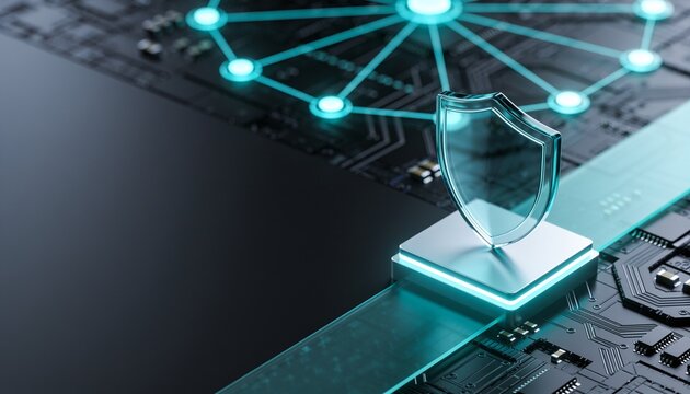 Translucent glass shield on glowing platform in right third of frame, radial node network on dark circuit board fading into blur, dark copy space on left, cyan teal cybersecurity banner