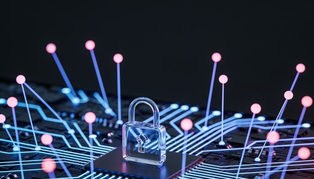 Panoramic banner with translucent glass padlock in lower center, radial node network across dark circuit board, empty dark upper half for headline, blue pink glow, cybersecurity 3D render