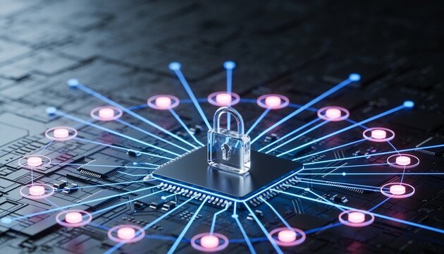 Panoramic banner with translucent glass padlock in lower center, radial node network across dark circuit board, empty dark upper half for headline, blue pink glow, cybersecurity 3D render