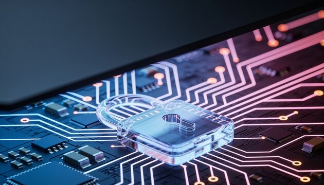 Panoramic banner with translucent glass padlock in lower center, radial node network across dark circuit board, empty dark upper half for headline, blue pink glow, cybersecurity 3D render