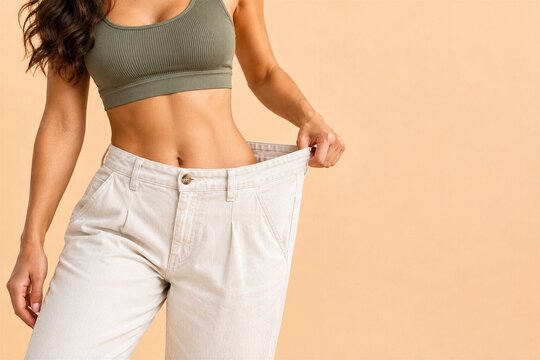 Woman Showing Loose Pants After Weight Loss, Slim Waist and Healthy Body Transformation, Fitness Progress, Diet Success and Wellness Concept