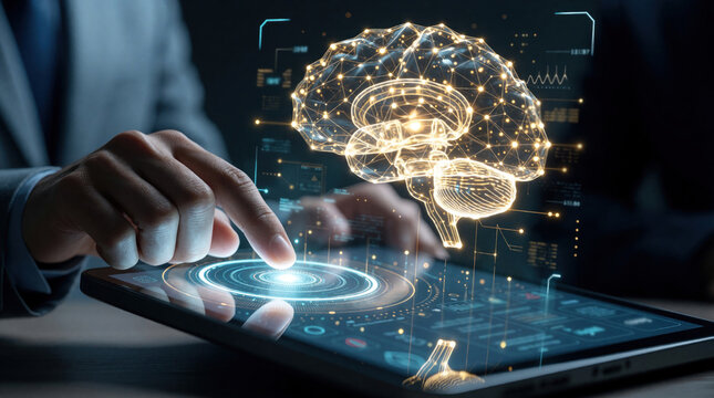 Businessman uses tablet to control glowing digital brain hologram. Man interacts with virtual human mind via touch screen interface. Advanced artificial intelligence concept shows neural network