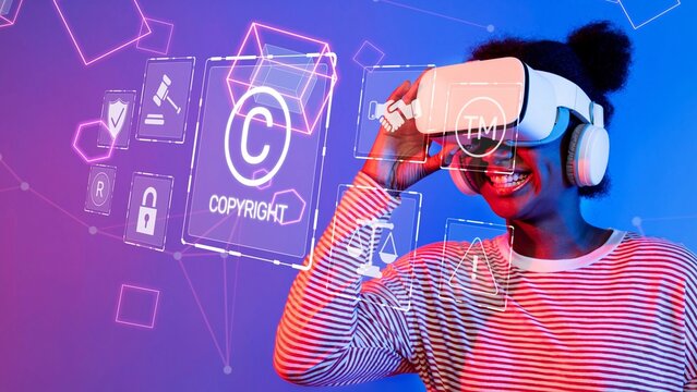 A joyful woman interacts with virtual reality technology, surrounded by copyright symbols, showcasing the fusion of entertainment and digital rights in a colorful scene. Raster