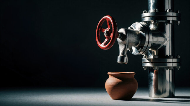 Industrial stainless steel pipe with red valve drips water into small cracked clay pot. Metal faucet pours liquid over dry terracotta vessel on dark background. Conceptual image shows resource
