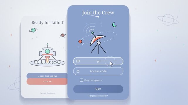 Interactive User Interface Login Animation Featuring Space Themed Rocket Launch Concept For Website Sign In Process And Mobile App Navigation Flow