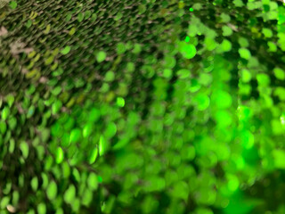Green sequins close up, blurred Christmas and New Year festive background with soft bokeh, shimmering sequin surface with copy space. Holiday party concept, grainy film texture, high quality photo © Татьяна Швец
