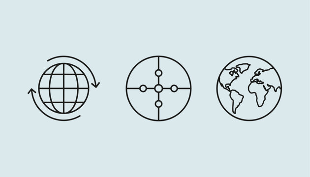 Vector line icons illustrating a rotating global sphere, a targeted circular grid, and an earth map.