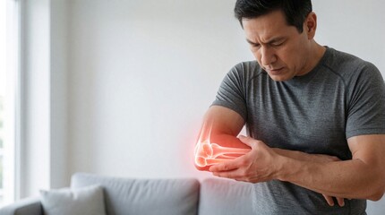Obraz premium Middle aged man feels sharp elbow pain, joint inflammation. Adult male touches injured arm with distressed face. Red glowing area shows bone injury, tendon damage. Person suffers from orthopedic