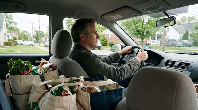 A man driving a car filled with grocery bags in the back seat, returning home after shopping. The man is focused on the road ahead, and the grocery bags contain fresh produce and other essentials