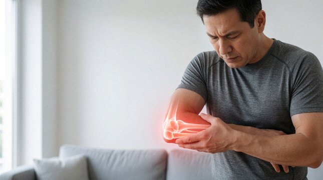 Middle aged man feels sharp elbow pain, joint inflammation. Adult male touches injured arm with distressed face. Red glowing area shows bone injury, tendon damage. Person suffers from orthopedic
