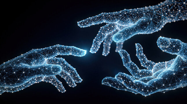 Digital glowing hands reach towards in dark cyberspace. Blue wireframe mesh connections represent artificial intelligence, global network communication. Human virtual touch creates link between