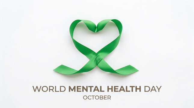World Mental Health Day green ribbon heart symbol on white background with October text