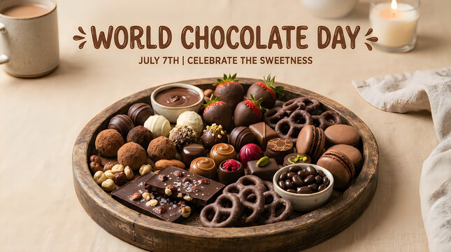 World Chocolate Day Celebration Assortment with Assorted Chocolates, Truffles, Pretzels, Strawberries, and Hot Cocoa on Wooden Tray