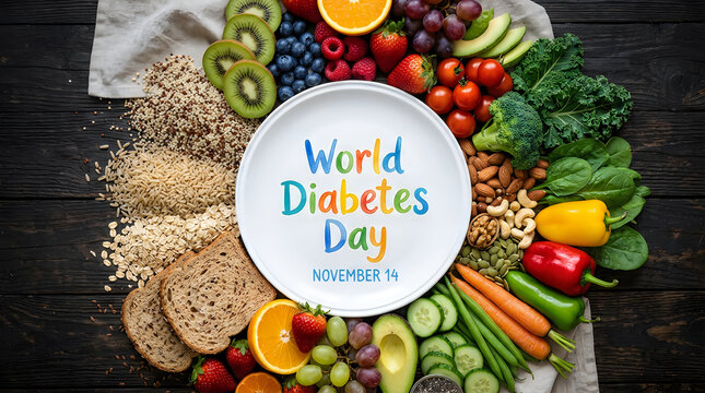 World Diabetes Day healthy food assortment with fresh fruits vegetables grains and nuts on dark wood background