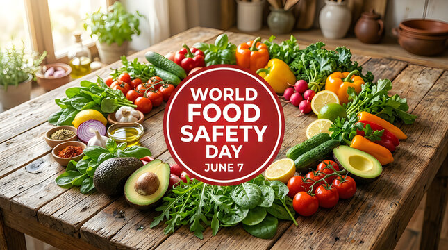 Fresh vegetables and salad ingredients arranged flat lay on a wooden table for World Food Safety Day