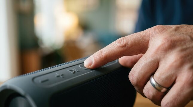 Male hand pressing power button on portable bluetooth wireless speaker