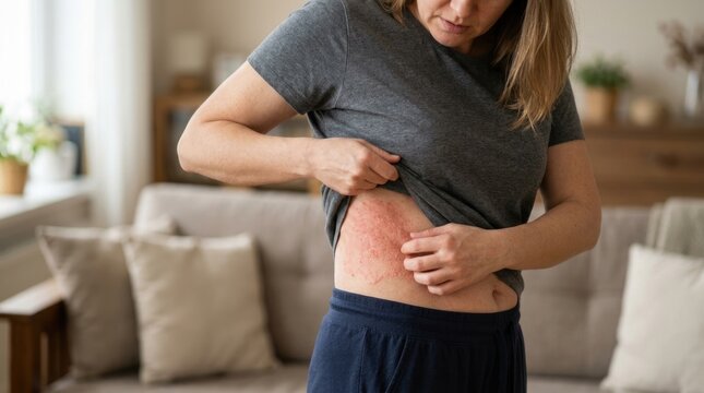 Close up of woman scratching red itchy skin rash caused by allergy or shingles on her side body at home