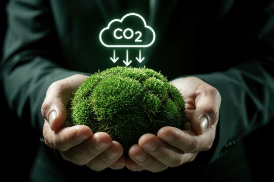 Man in suit holds green moss ball in hands. White CO2 cloud icon with arrows points down to plant. Concept of carbon dioxide reduction, climate change solution, eco friendly technology, nature