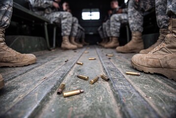 Fototapeta premium Spent shell casings scattered across a rough, worn truck bed, with uniformed soldiers seated in the background, evoke a sense of recent conflict and readiness.