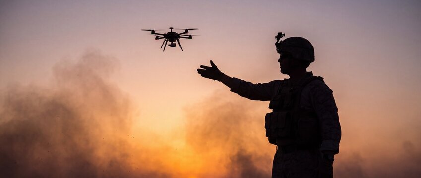 A soldier in silhouette launches a drone against a dramatic sunset sky, hinting at the convergence of modern technology and military operations in a remote landscape.
