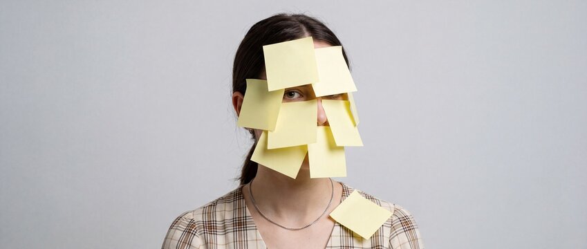 A young woman's face is covered in sticky notes, a visual metaphor for being overwhelmed and overloaded with tasks, ideas, or information.