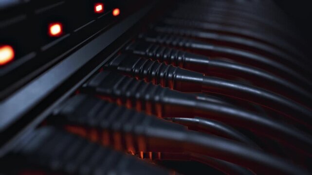AI Server Rack with Plugged Cables and Pulsing Red Lights