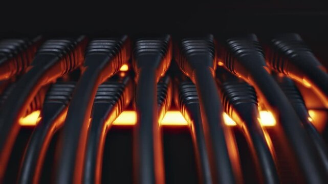 Black Ethernet Cables Plugged Into Server Ports with Orange Light