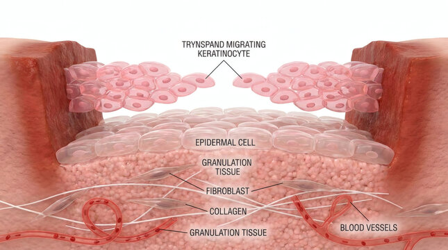 Skin wound healing process showing keratinocytes fibroblasts and