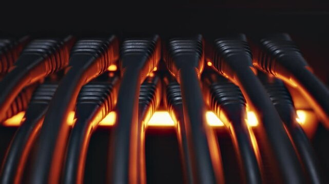 Close-up of Network Cables in Server with Glowing Orange Light