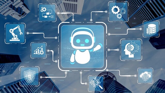 Futuristic Robot Assistant with Technology Icons in Urban Landscape Symbolizing Automation, Artificial Intelligence and Digital Innovation Sigmoid