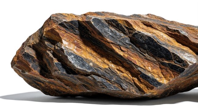 Rough flint stone texture with natural brown, black mineral stripes. Large rock piece isolated on white background. Solid geology material shows detailed surface pattern. Natural stone sample for
