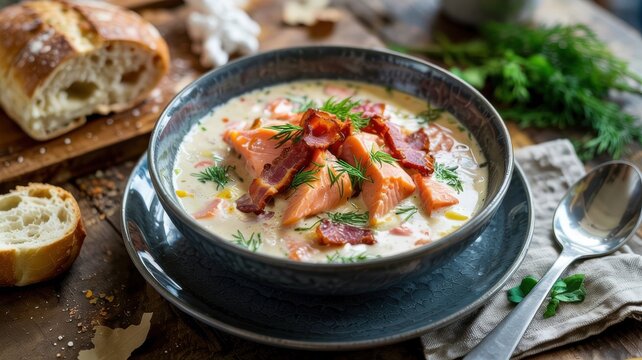 Finnish cuisine. Lohikeitto. A traditional creamy soup with fresh salmon, potatoes, and dill.