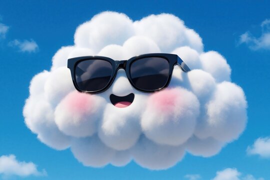 Cute fluffy white cloud character wears black sunglasses, smiles with rosy cheeks. Happy cartoon cloud floats in clear blue sky. Fun summer concept with joyful whimsical mascot for kids, cheerful