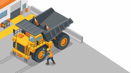 Isometric View Of A Large Mining Dump Truck With Worker. © Akunbaru