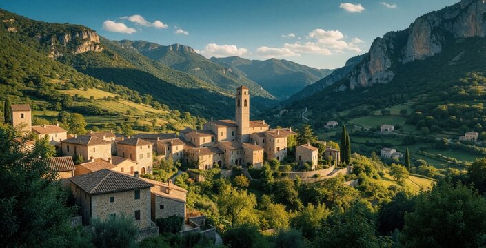 Scenic mountain village nestled in green valley. Old stone houses with tiled roofs sit among trees, hills. Peaceful rural landscape under blue sky with soft sunlight. Charming European hamlet offers