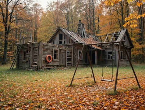 Old abandoned wooden manor ruins in autumn forest. Broken house with decaying structure stands near empty swing set. Fallen yellow leaves cover ground in rural countryside. Decaying architecture