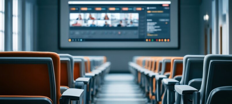 Empty modern auditorium with rows of upholstered seats facing a large presentation screen in a softly lit conference room interior