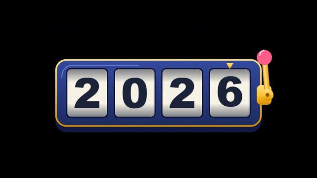 Seamless loop 4K vector motion graphic featuring a New Year 2027 odometer counter with pull lever and gold sparkle effects on a transparent background.