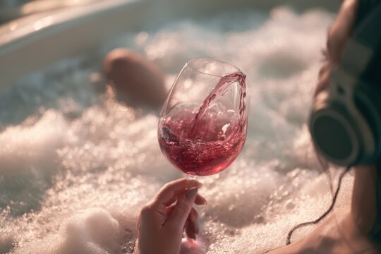 Hand holding a glass of red wine beside a person wearing headphones in a sunlit bubbling hot tub setting