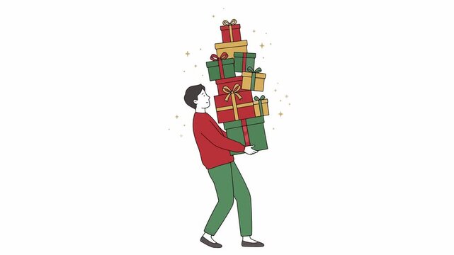 Man carrying stack of red green and gold gifts minimalist illustration for celebration and generosity