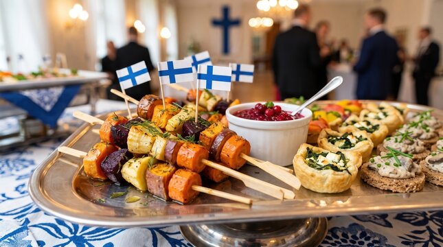 Catering platter with Finnish flag decorated vegetable skewers and pastry canapes. Gourmet buffet catering for national celebration event with traditional Nordic finger food and appetizers.