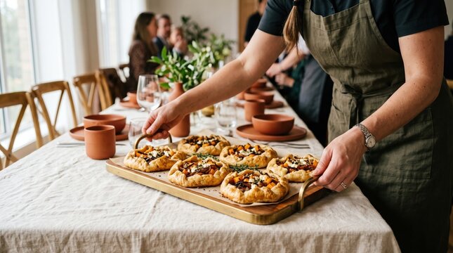 Woman in apron serving small rustic tarts on a wooden tray. Authentic dining experience with fresh homemade savory pastries for culinary lifestyle and hospitality marketing.