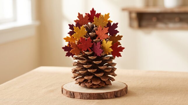 Fall centerpiece craft made from a pinecone and colorful felt leaves. Cozy seasonal home decor for thanksgiving celebration and rustic interior design inspiration.