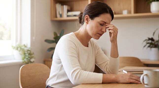 Exhausted woman with a headache sitting at a wooden desk at home. Stressed remote worker dealing with burnout, fatigue, and mental pressure during daily routine.