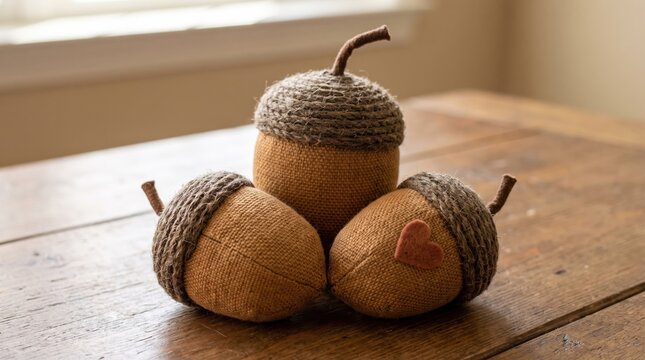 Three handmade fabric acorns on a rustic wooden table. Cozy autumn decor for seasonal home styling, Thanksgiving celebrations, and festive fall interior displays.
