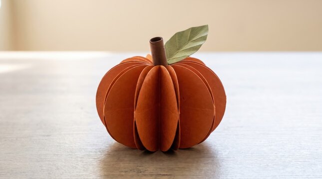 Papercraft pumpkin ornament on a wooden table. Handmade autumn harvest decoration for seasonal holiday craft, cozy home styling, and creative DIY projects.