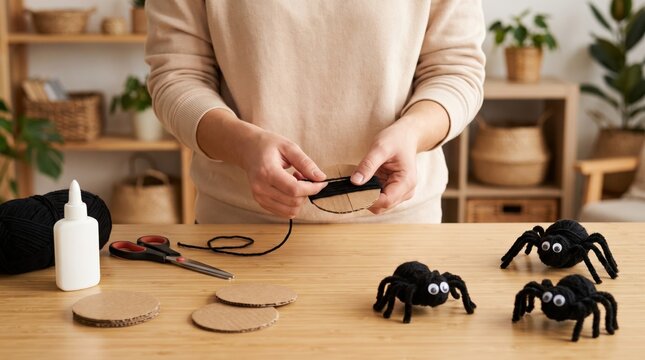 Person making DIY Halloween spider decoration with black yarn and cardboard. Creative autumn craft project for festive holiday party decor, kids activities, and handmade seasonal fun.