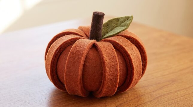 Handmade felt pumpkin decoration on a wooden table surface. Cozy autumn seasonal home decor for Thanksgiving holidays, rustic harvest celebrations, and interior styling.