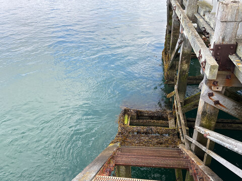 A weathered wooden pier with rusted bolts and brackets and a seaweed-covered metal grating staircase descending into calm turquoise sea water.