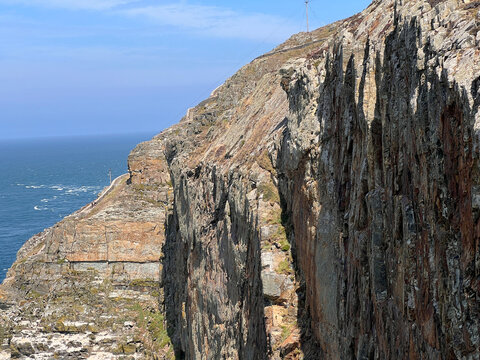 Anglesey, Wales: Steep layered rock cliffs drop to a deep blue sea under a clear sky, with a narrow stone path and utility poles visible along the cliff edge in bright sunlight.